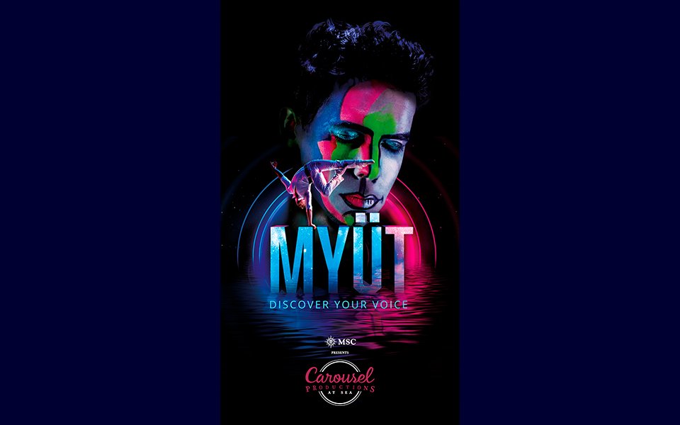 Colorful MYUT show poster with vibrant lights and MSC Carousel Productions branding | MSC Cruises Colorful MYUT show poster with vibrant lights and MSC Carousel Productions branding | MSC Cruises