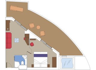 Spacious cruise suite layout with bedroom, living area, bathroom, and large balcony | MSC Cruises