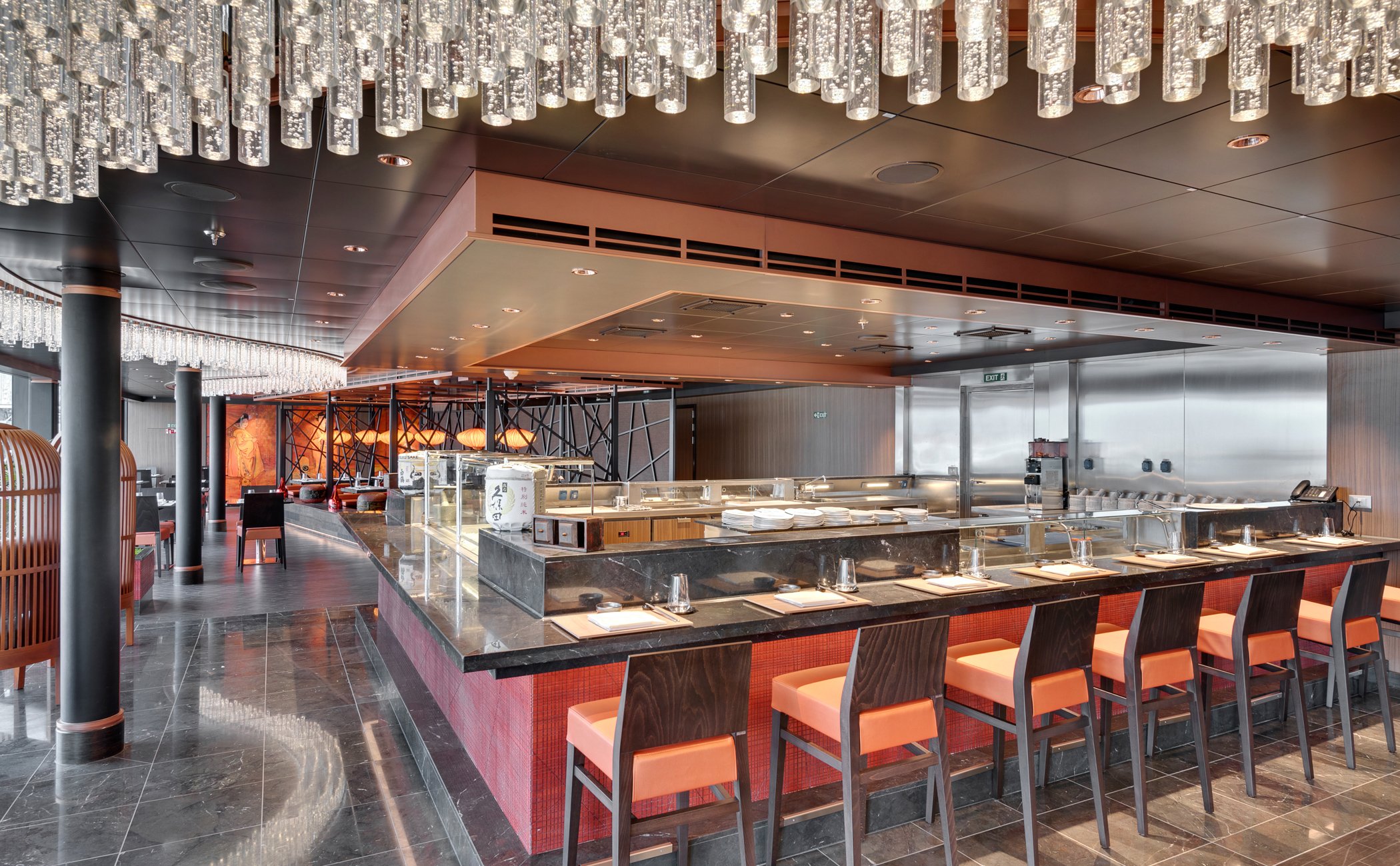 Elegant onboard Japanese restaurant with sushi bar and modern decor | MSC Cruises Elegant onboard Japanese restaurant with sushi bar and modern decor | MSC Cruises