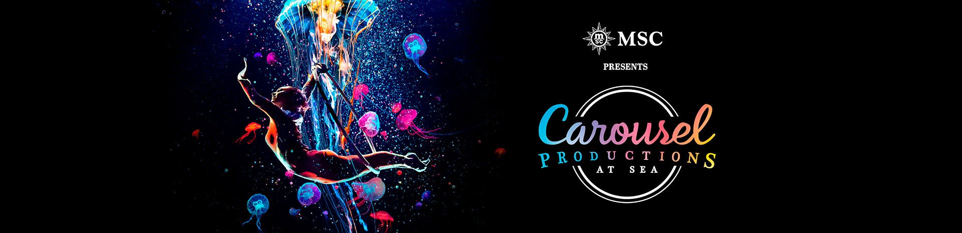 Aerial performer with vibrant jellyfish in MSC's Carousel Productions at Sea show | MSC Cruises Aerial performer with vibrant jellyfish in MSC's Carousel Productions at Sea show | MSC Cruises