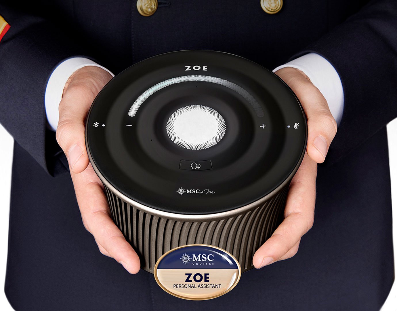 Close-up of MSC Zoe personal assistant device held by a crew member in uniform | MSC Cruises