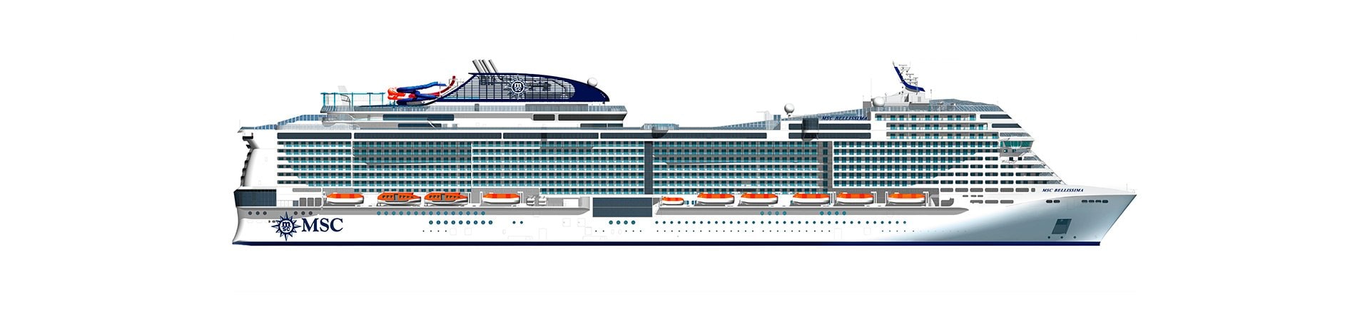 Illustration of an MSC cruise ship with lifeboats and modern design | MSC Cruises Illustration of an MSC cruise ship with lifeboats and modern design | MSC Cruises