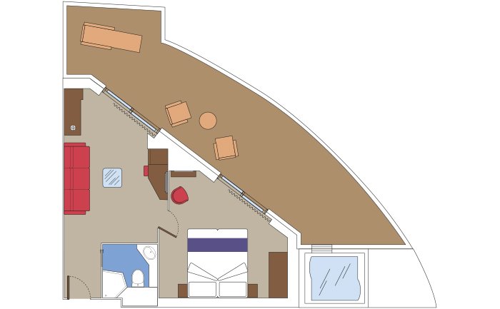 Spacious cruise suite with double bed, seating area, bathroom, and private balcony with jacuzzi | MSC Cruises