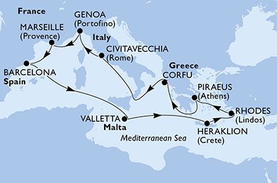 Italië, Frankrijk, Spanje, Malta, Griekenland