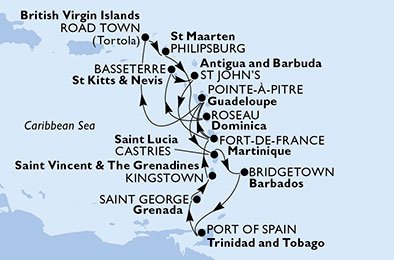 Martinique, Guadeloupe, Saint Lucia, Barbados, Trinidad en Tobago, Grenada, Saint Vincent en de Grenadines, Britse Maagdeneilanden, St. Maarten, Dominica, Saint Kitts en Nevis, Antigua en Barbuda