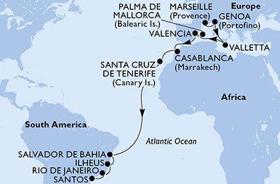 Frankrijk, Italië, Malta, Spanje, Marokko, Brazilië