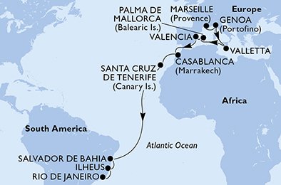Frankrijk, Italië, Malta, Spanje, Marokko, Brazilië