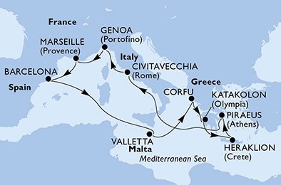 Italië, Frankrijk, Spanje, Malta, Griekenland