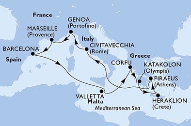 Frankrijk, Spanje, Malta, Griekenland, Italië