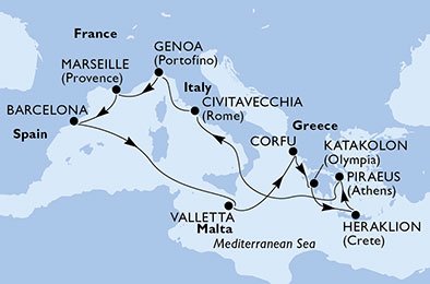 Spanje, Malta, Griekenland, Italië, Frankrijk