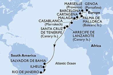 Italië, Frankrijk, Spanje, Marokko, Brazilië