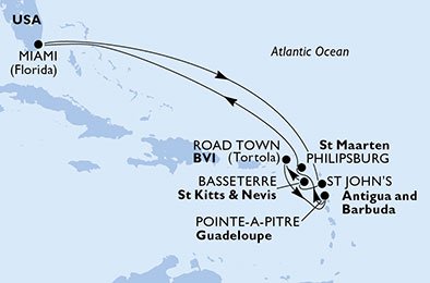Verenigde Staten, Antigua en Barbuda, Saint Kitts en Nevis, Britse Maagdeneilanden, Guadeloupe, St. Maarten