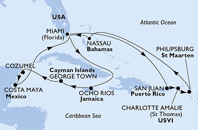Verenigde Staten, Puerto Rico, Virgin Islands (U.S.), St. Maarten, Bahamas, Jamaïca, Cayman Eilanden, Mexico