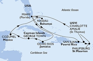Verenigde Staten, Puerto Rico, Virgin Islands (U.S.), St. Maarten, Jamaïca, Cayman Eilanden, Mexico, Bahamas