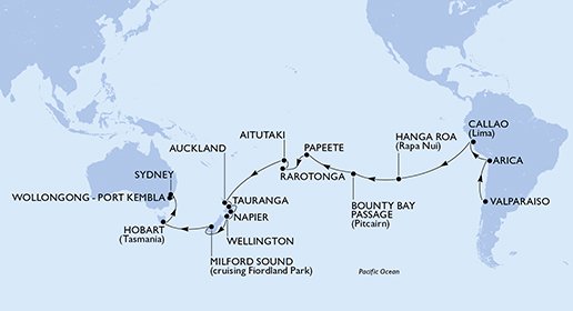 Chili, Peru, Pitcairn, Frans-Polynesië, Cookeilanden, Nieuw-Zeeland, Australië
