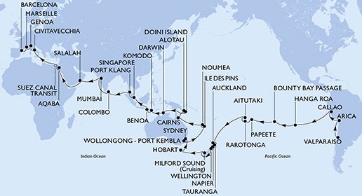 Chili, Peru, Pitcairn, Frans-Polynesië, Cookeilanden, Nieuw-Zeeland, Australië, Nieuw-Caledonië, Papoea-Nieuw-Guinea, Indonesië, Singapore, Maleisië, Sri Lanka, India, Oman, Jordanië, Egypte, Italië, Frankrijk, Spanje