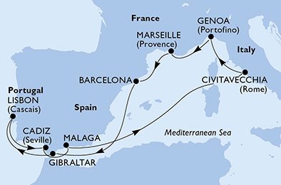 Spanje, Gibraltar, Portugal, Italië, Frankrijk