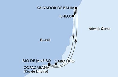 Rio de Janeiro, Cabo Frio, Copacabana, Salvador, Ilheus, Rio de Janeiro