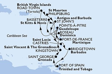 Guadeloupe, Saint Lucia, Barbados, Trinidad en Tobago, Grenada, Saint Vincent en de Grenadines, Martinique, Britse Maagdeneilanden, St. Maarten, Dominica, Saint Kitts en Nevis, Antigua en Barbuda