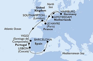 Nederland, Duitsland, Frankrijk, Groot-Brittannië, Spanje, Portugal