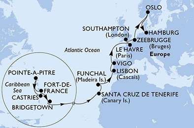 Martinique, Guadeloupe, Saint Lucia, Barbados, Spanje, Portugal, Frankrijk, Groot-Brittannië, België, Noorwegen, Duitsland