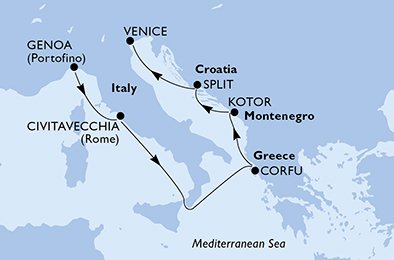 Italië, Griekenland, Montenegro, Kroatië
