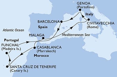 Spanje, Marokko, Portugal, Italië