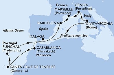 Italië, Frankrijk, Spanje, Marokko, Portugal