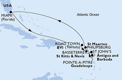 Verenigde Staten, Britse Maagdeneilanden, Saint Kitts en Nevis, Antigua en Barbuda, Guadeloupe, St. Maarten
