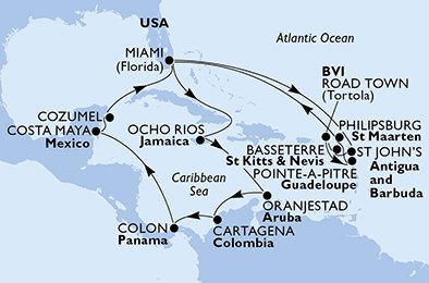 Verenigde Staten, Antigua en Barbuda, Saint Kitts en Nevis, Britse Maagdeneilanden, Guadeloupe, St. Maarten, Jamaïca, Aruba, Colombia, Panama, Mexico