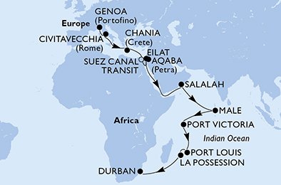 Italië, Griekenland, Egypte, Israël, Jordanië, Oman, Malediven, Seychellen, Mauritius, La Réunion, Zuid-Afrika