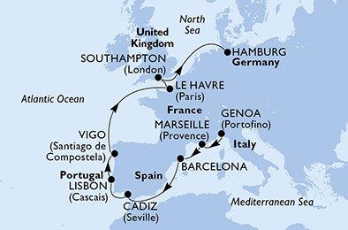Italië, Frankrijk, Spanje, Portugal, Groot-Brittannië, Duitsland