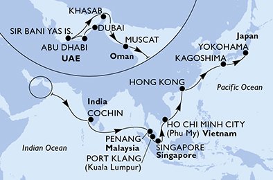 Verenigde Arabische Emiraten, Oman, India, Maleisië, Singapore, Vietnam, Hong Kong, Japan
