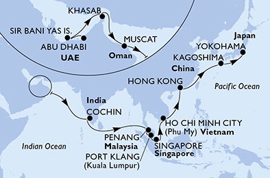 Verenigde Arabische Emiraten, Oman, India, Maleisië, Singapore, Vietnam, Hong Kong, Japan