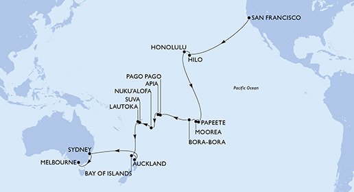 Verenigde Staten, Frans-Polynesië, Amerikaans-Samoa, Samoa, Tonga, Fiji, Nieuw-Zeeland, Australië