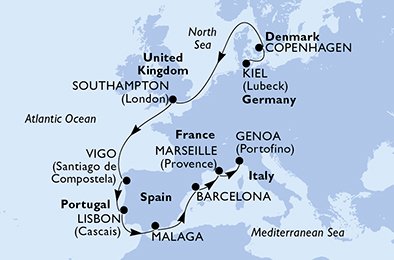 Duitsland, Denemarken, Groot-Brittannië, Spanje, Portugal, Frankrijk, Italië
