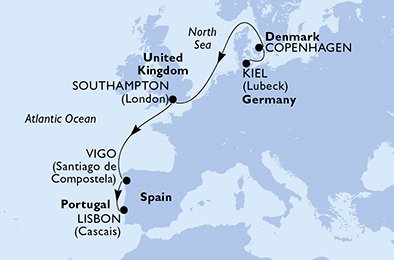Duitsland, Denemarken, Groot-Brittannië, Spanje, Portugal