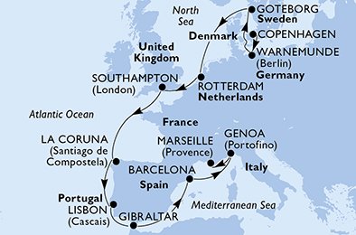 Denemarken, Duitsland, Zweden, Nederland, Groot-Brittannië, Spanje, Portugal, Gibraltar, Italië, Frankrijk