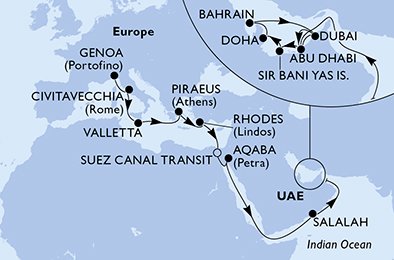 Italië, Malta, Griekenland, Egypte, Jordanië, Oman, Verenigde Arabische Emiraten, Qatar, Bahrein