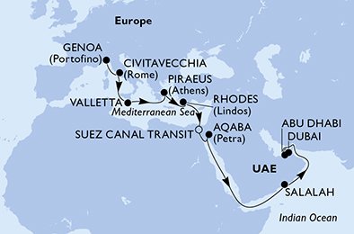 Italië, Malta, Griekenland, Egypte, Jordanië, Oman, Verenigde Arabische Emiraten