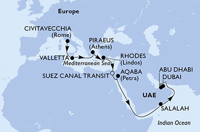 Italië, Malta, Griekenland, Egypte, Jordanië, Oman, Verenigde Arabische Emiraten