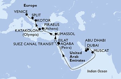 Verenigde Arabische Emiraten, Oman, Israël, Jordanië, Egypte, Cyprus, Griekenland, Montenegro, Kroatië, Italië