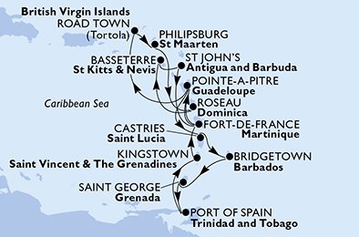 Pointe-a-Pitre,Road Town,Philipsburg,Roseau,Basseterre,St John s,Fort de France,Pointe-a-Pitre,Castries,Bridgetown,Saint George,Port of Spain,Kingstown,Fort de France,Pointe-a-Pitre