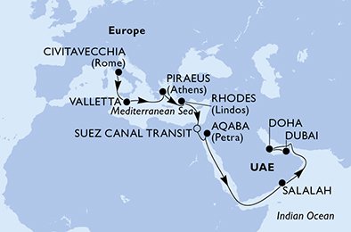Italië, Malta, Griekenland, Egypte, Jordanië, Oman, Qatar, Verenigde Arabische Emiraten