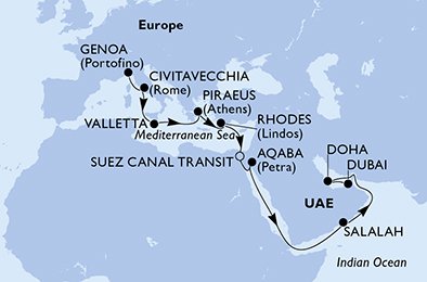 Genoa,Civitavecchia,Valletta,Piraeus,Rhodes,Suez Canal Transit,Suez Canal TransitX,Aqaba,Salalah,Doha,Dubai,Dubai