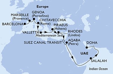 Spanje, Frankrijk, Italië, Malta, Griekenland, Egypte, Jordanië, Oman, Qatar